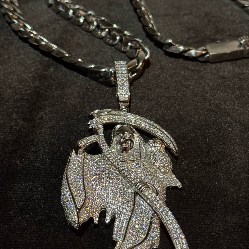 Silver and Moissanite Grim Reaper Pendant and 8mm Cuban Chain